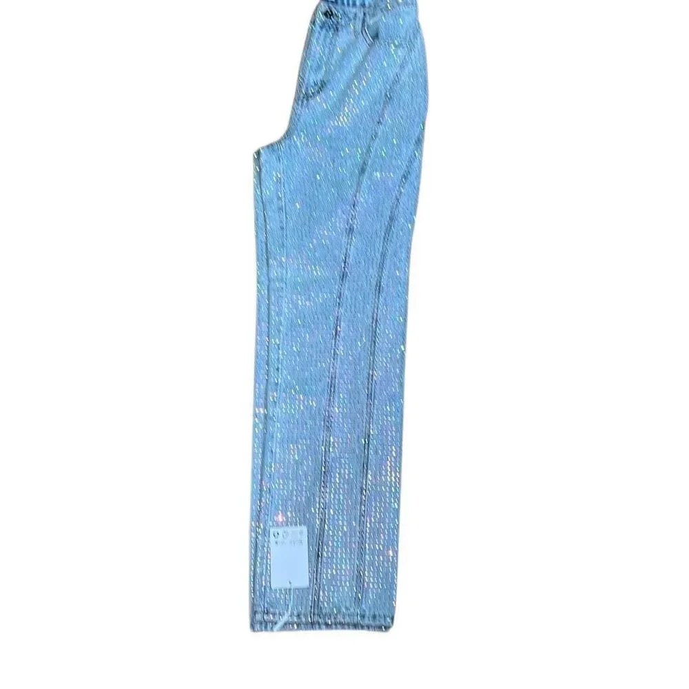 NWT Self-Portrait Blue Rhinestone Embellished High-Waisted Denim Jeans W27 L32